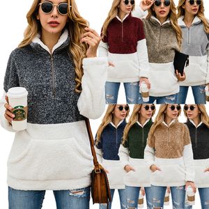 Sherpa Pullover 8 Colors Women Patchwork Soft Fleece Sweater Outwear Coat Zipper High Collar Pocket Hoodie OOA7194