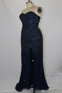 Tube Top Evening Dresses Long Gowns Real Images Mermaid Side Slit Navy Chiffon Diamond Rhinestone Formal Dresses Prom Custom Made DH708