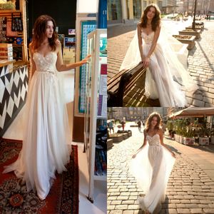 Papilio 2019 Czeski Suknie ślubne Spaghetti Koronki Perły Tulle Beach Boho Suknie Ślubne Plus Size Country Wedding Gown Robe de Mariée