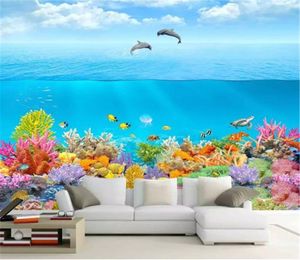 Grande mondo sottomarino Dolphin Bay Coral Wallpaper 3d sul muro TV per interni Sfondo Decorazione murale Carta da parati