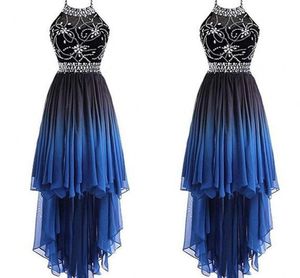 Gradient Szyfon Cześć Lo Party Dresses Frezowanie Kryształ Draped Halter Otwórz Powrót Formalne Suknie Wieczorowe Suknie Graduation Sukienki Pagewne