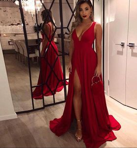 Sexy abiye gece elbisesi Evening Gowns for Women deep V-Neck High Side Slit A-Line Sleeveless ruched chiffon Simple Long Red Prom Dress