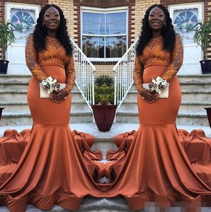 Orange Dark Prom Dresses Jewel Neck Long Sleeves Elastic Satin Lace Applique Black Girl Evening Formal Wear Party Gowns Plus Size