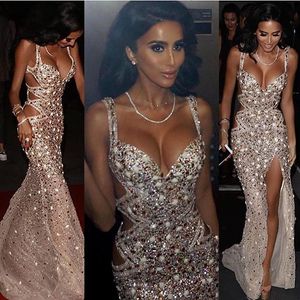 Seksi Mermaid Uzun Abiye Spagetti Kayışı Kristal Tül Backles Gelinlik Modelleri Vestido Longo Gala Elbiseler Zarif