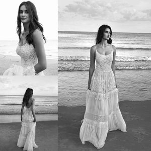 2020 vestidos de casamento New Lihi Hod praia vestidos de casamento Spaghetti mangas Backless Appliqued Lace Wedding Dress Andar de comprimento A-Line 1645