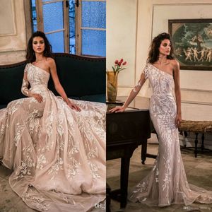 Sexy Julie Vino Meerjungfrau-Hochzeitskleider mit abnehmbarer Schleppe, One-Shoulder-Hochzeitskleider, appliziertes Abiti-da-Sposa-Hochzeitskleid