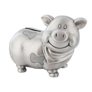 Adorable Pewter Piggy Bank Money Saving Box Smiling Pig Wearing Scarf Classic Metal Coin Pot Creative Birthday Gifts for Boys Girls