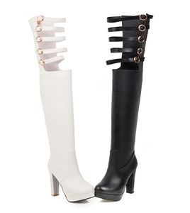 Hot Sale- Sexy Spänne Bälte Hål Ut Lår Höga Stövlar Över Knä Bootie Black White Kom med Box