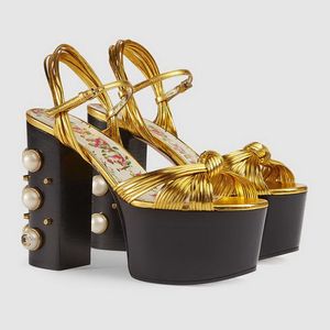 Spedizione gratuita 2019 Ladies Pearl 12.5CM Chunky tacco alto Torta di pino fondo spesso stampato open peep-toes 5CM Platform SANDALI SCARPE Oro 02