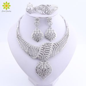 Abito argento Placcato Set di gioielli da sposa per le donne Collana Orecchini Anello Braccialetto Set Party Valentine Gioielli Regali