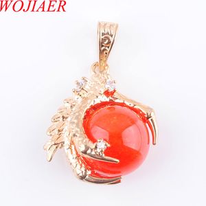 WOJIAER Natural Red Jade Gem Stone Round Bead Dragon Claw Gold Pendant & Necklace Jewelry N3103