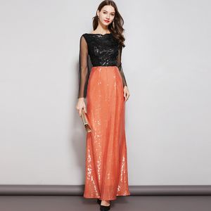 new collection womens evening party prom slash neckline long sleeves appliques sequined patchwork maxi elegant dresses