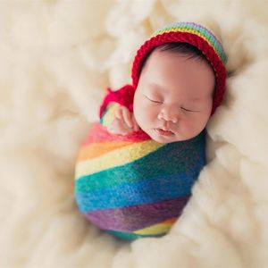 3色レインボーモヘアラップ新生児ストレッチスワッドリング写真小道具幼児ブランケットソフトフォト支柱毛布0~2MベイビーC6191