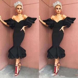 Black Tea Length Off-the-Shoulder Prom Party Dresses Ruffles Short Sleeve Short Evening Gown Satin Women's Cocktail Dress