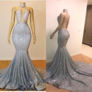Sparkly Silver Sequins Mermaid Prom Dresses High Neck Sexy Backless Sweep Train Custom Made Appliqued Long Formal Evening Party Go187D