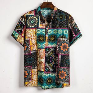 Vintage Ethnic Style Men Shirt Printing Loose Cotton Short Sleeve Stand Collar Breathable Tops Hawaiian Shirts