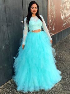 sky Blue Two Pieces Lace Evening Gowns bateau Prom Dresses long sleeves Tiered ruffles Formal Celebrity Robe De Soiree Evening Dresses