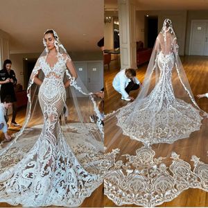 Vintage Berta Illusion Sereia Vestidos de Noiva 2019 Laço Completo Sheer V Pescoço Árabe Vestidos De Noiva Personalizado Vestido De Noiva De Trem