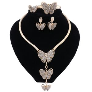 Afryki Koraliki Zestawy Biżuterii Akcesoria ślubne Kryształ Brindal Butterfly Naszyjnik Bransoletka Kolczyki Zestaw Pierścionek Dla Kobiet