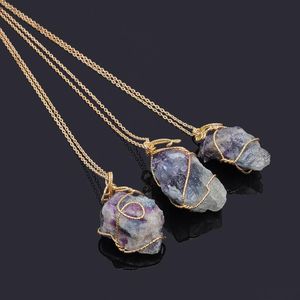 Multi Color Handmade Irregular Amethyst Citrine Wire Wrapped Pendant Necklace Women Natural Stone Crystal Quartz Fluorite Necklaces WCW080