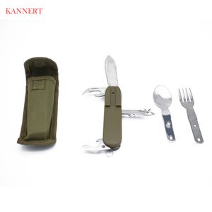 Armé Green Folding Portable Rostfritt Stål Camping Picnic Bestick Kniv Fork Bottle Opener Poorware Travel Kit C18112701