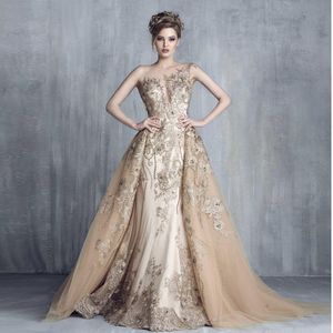 Modern Champagne Evening Dress Lace Avtagbar Tåg Broderi Appliqued Chic Long Prom Crows Luxury Vestido de Fiesta