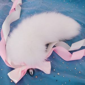 40cm/16"-Real White Fox Fur Tail Plug Funny Butt Plug Adult Sweet Love Games Cosplay Toys