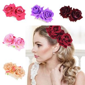 Ladies Elegant Festival Bridal Flower Hair Comb Wedding Accessories Red Rose Hairpin Bridesmaid Hair Jewelry