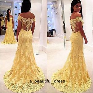 Yellow Lace Mermaid Prom Dress Vestidos Off Shoulder Lace Appliques Evening Gowns Womens Formal Party Dress Plus Size ED1230