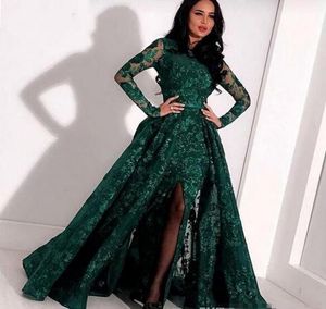 Dark Green Arabski Koronki Syrenki Suknie Wieczorowe z odpinanym pociągiem Bateau Neck Sequined Prom Suknie Długie Rękawy Side Split Formalna sukienka