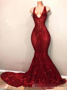 Sparkly Red paljetter Mermaid Prom Dresses Sexig Deep V Neck Custom Made Sleeveless Sweep Train Formal OCN Wear Evening Clows 403