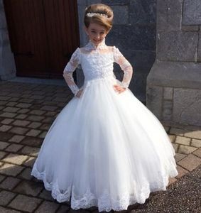 Elegant Lace Flower Girls 'Dresses Långärmade High Neck Tulle Applique Princess Ball Gown Födelsedag Tjejs Pageant Klänningar