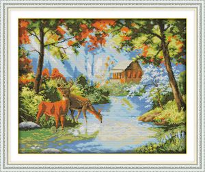 Deer tweet at the creek home decor painting ,Handmade Cross Stitch Craft Tools Embroidery Needlework sets counted print on canvas DMC 14CT /11CT