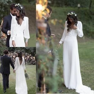 Белые шифоновые пляжные свадебные платья трапециевидной формы с длинными рукавами и V-образным вырезом без спинки Boho Garden Bridal Gowns Floor Length Wedding Vestido
