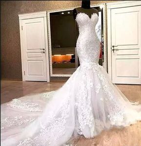 Muhteşem Mermaid Dantel Gelinlik Sevgiliye Aplikler Boncuk Uzun Şapel Tren Sheer Boyun Kadınlar Için 2019 Gelin Elbise Vestido de Noiva