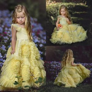 Cute 2020 Flower Girls Dresses For Wedding Multilayer 3D Flowers Kids Formal Wear Applique Floor Length Girl's Pegeant Dress