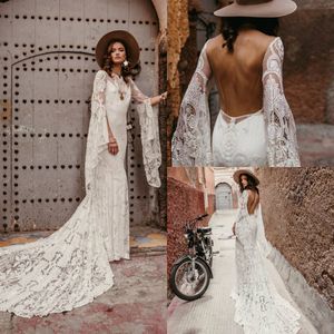 2019 Vintage Ülke Gelinlik Bateau Boyun Uzun Kollu Dantel Gelinlik Cowgirls Yüksek Düşük Backless Gelin Gelinlikler