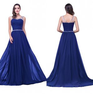 Royal Blue Szyfonowe Długie Suknie Druhna 2020 Zroszony Kryształy Sheer Neck Ruched Wedding Guest Evening Prom Dresses 100% Real Image CPS104