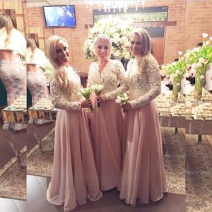 2019 Modern Bridesmaid Dresses Long Sleeve V Neck Lace Bodice Dusty Pink Chiffon Skirt Pearls Beading Modern Wed Maid of Honor Dresses