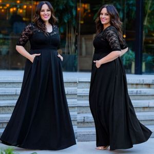 Hot Sale Black Plus Size Lace Evening Dresses Jewel Neck Chiffon Prom Gowns With Half Sleeves A Line Floor Length Formal Dress