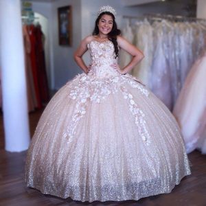 2020 Nya Bling Sequined Elegant Quinceanera Klänningar SweeteTheart Lace 3D Appliques Ball Gown Ärmlös Zipper Tillbaka Med Big Bow Prom Crows