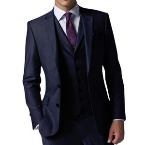 Moda spacco laterale Due bottoni Smoking dello sposo blu navy Notch Risvolto Uomo Wedding Party Groomsmen 3 pezzi Abiti (giacca + pantaloni + gilet + cravatta) K70