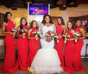Seksowne czerwone Syrenki Druhna Suknie Wysokiej szyi Długi Party Prom Suknie Afryki Tanie Maid of Honor Dresses Dwayne Wade Jersey