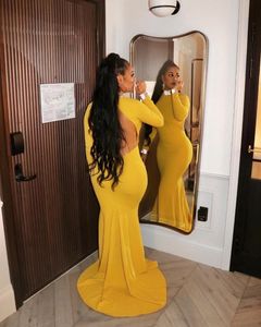 Yellow Jersey Mermaid Prom Dresses Long 2021 High Neck Backless Long Sleeves Formal Evening Dress Robe De Soiree