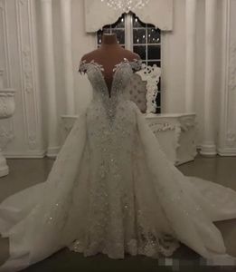 A line Mor Dresses Beading with Overskirt Pluning V Neck Sweep Train Lace Applique Custom Made Wedding Gown