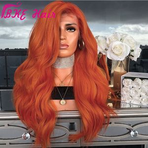 Fashion Heat Resistant High Temperature Fiber Hair Long Natural Wave Orange Auburn Copper Red Synthetic Lace Front Wig for Black Women