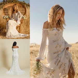 Abiti da sposa a maniche lunghe a sirena della Boemia con spalle scoperte in pizzo con applicazioni a strascico Boho Abiti da sposa Abito da sposa da spiaggia Realizzato su misura