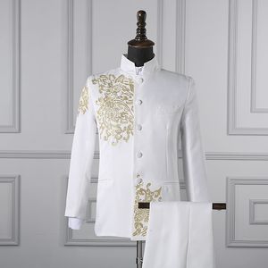 Black White Men's Suits Chinese style Gold Embroidery Blazers Prom Host Stage Outfit Male Singer Teams Chorus Wedding Clothing