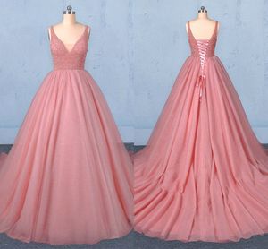 2020 Modern Coral Prom Dresses With Train Beaded Sequins Plunging V-neck Lace-up Quinceanera Dress Evening Gowns Vestidos De Festia
