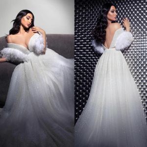 Bling Bling A Line Wedding Dresses Sexy Off Shoulder Backless Bridal Gowns Illusion Short Sleeve Wedding Dress